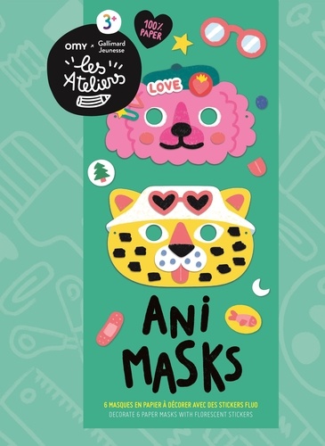 Ani masks. 6 masques en papier à décorer avec des stickers fluo