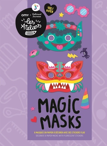 Magic masks. 6 masques en papier à décorer avec des stickers fluo