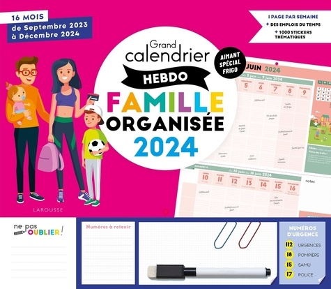 Grand calendrier hebdomadaire famille organisée. 16 mois, de septembre 2023 à décembre 2024, Edition 2024