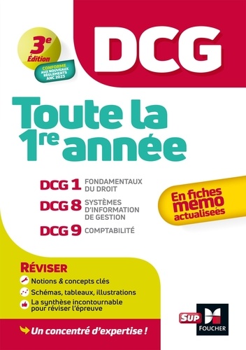Toute la 1re année du DCG en fiches mémos. DCG 1, Fondamentaux du droit ; DCG 8, Systèmes d'information et de gestion ; DCG 9, Comptabilité, 3e édition