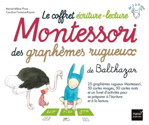 Le coffret écriture-lecture Montessori des graphèmes rugueux de Balthazar. Contient : 25 graphèmes rugueux, 50 cartes images, 50 cartes mots et un livret d'activités