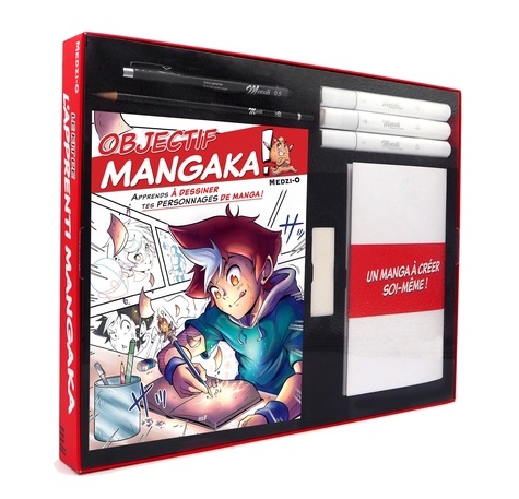 Objectif mangaka ! Apprends à dessiner tes personnages de manga ! Le kit de l'apprenti mangaka, avec le livre, un manga vierge, des marqueurs, des crayons et une gomme