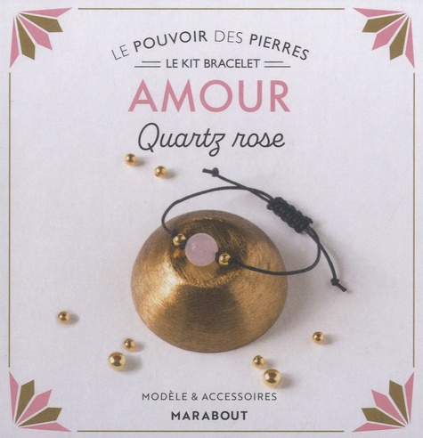 Le kit bracelet amour. Quartz rose. Avec 1 perle ronde, 2 petites perles dorées, 70 cm de coton ciré, 1 livre d'explication