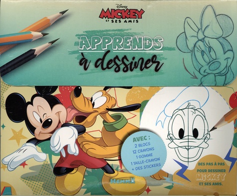 Disney Mickey et ses amis apprends à dessiner. Avec 2 blocs, 12 crayons, 1 gomme, 1 taille-crayon + stickers