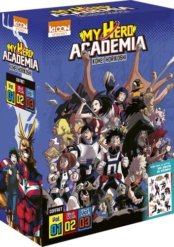 My Hero Academia : Coffret en 3 volumes. Tome 1, Izuku Midoriya : les origines ; Tome 2, Déchaîne-toi, maudit nerd ! ; Tome 3, All Might. Contient une planche de stickers !