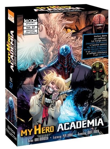 My Hero Academia Tome 37 : Défenseurs et attaquants. Coffret avec jaquette alternative, My Hero Academia World Heroes Mission, 1 stand acrylique, 1 ex-libris, Edition collector